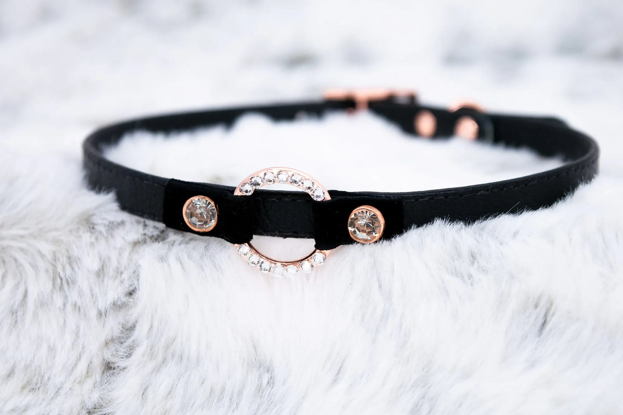 3/8" Swarovski Deluxe O-ring Black Leather and Velvet Collar in Rose Gold