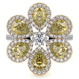 Fancy Yellow and White Cluster Diamond Flower Ring, 3.23 CT