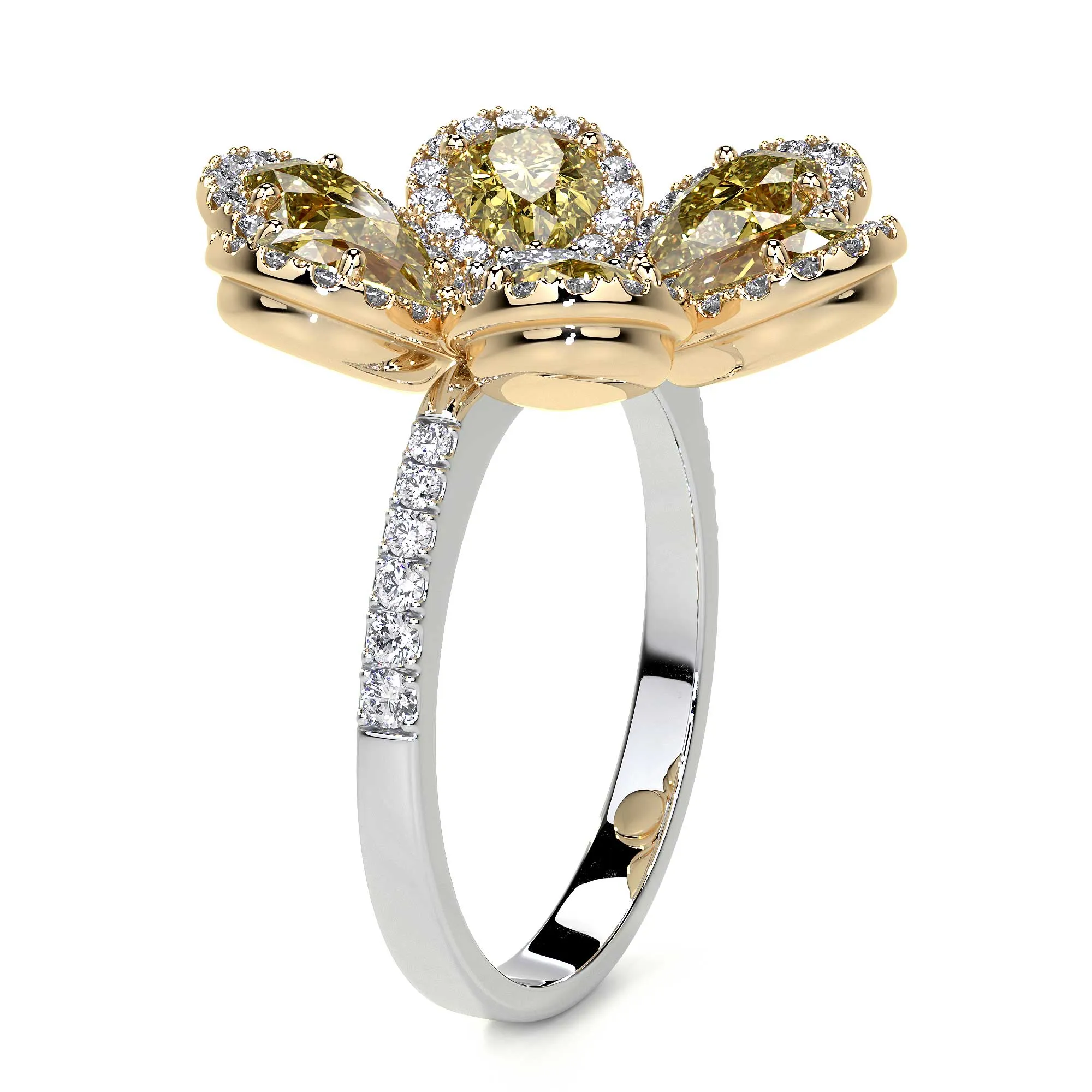 Fancy Yellow and White Cluster Diamond Flower Ring, 3.23 CT